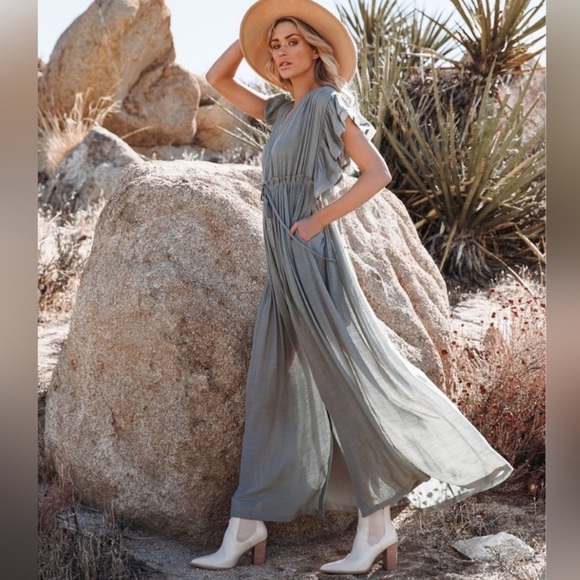 Heather Grey Boho Gauze Button Front Flutter Sheer Maxi Dress W/Adjustable Waist - Picture 5 of 7